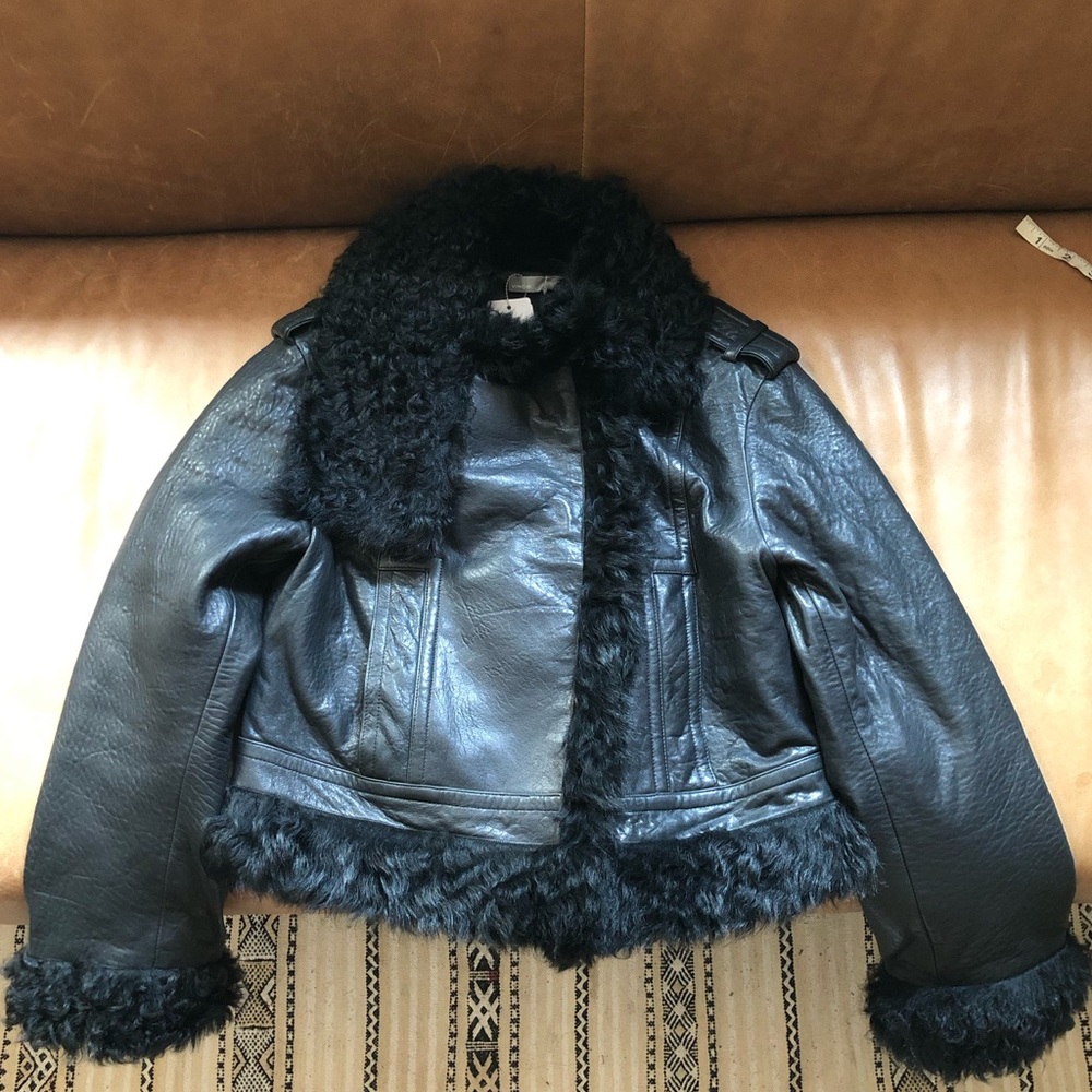 Vince Black Leather Jacket with Shearling Trim